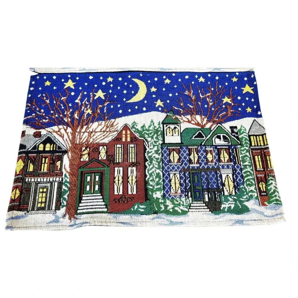 VTG Starry Snowy Night Winter Wonderland Set Of 2 Holiday Tapestry Placemats